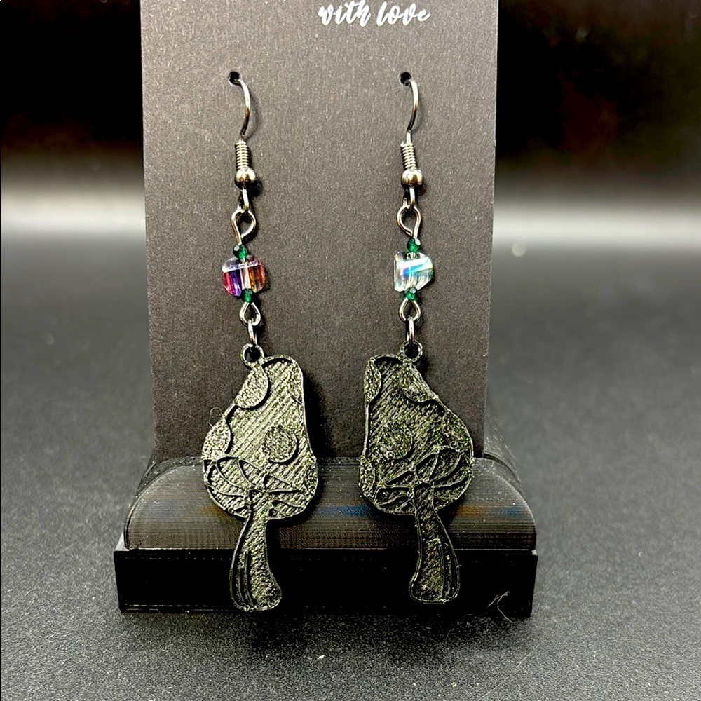 Black & Green Mushroom Earrings with Beaded Accents